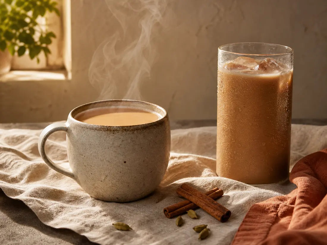 Chai cremoso servido caliente en taza y frío en vaso con hielo