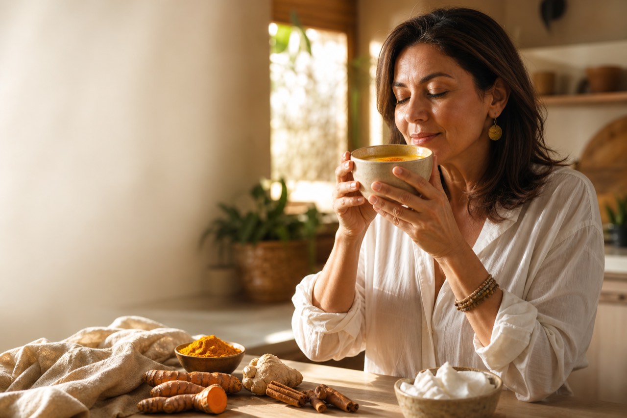 Mujer colombiana disfrutando una bebida dorada con cúrcuma, jengibre y canela