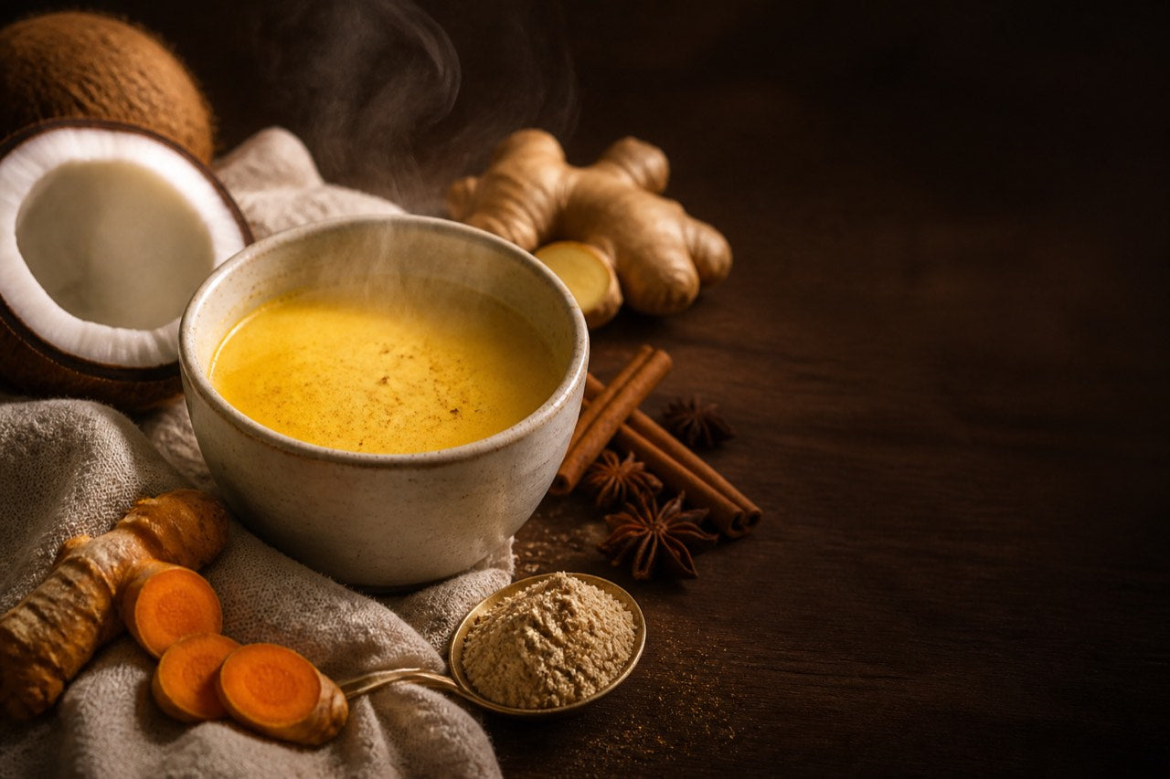 Taza humeante de leche dorada junto a cúrcuma, jengibre, canela, coco y maca