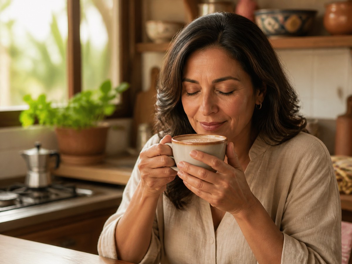 Mujer colombiana disfrutando una taza cremosa de chai en una cocina iluminada