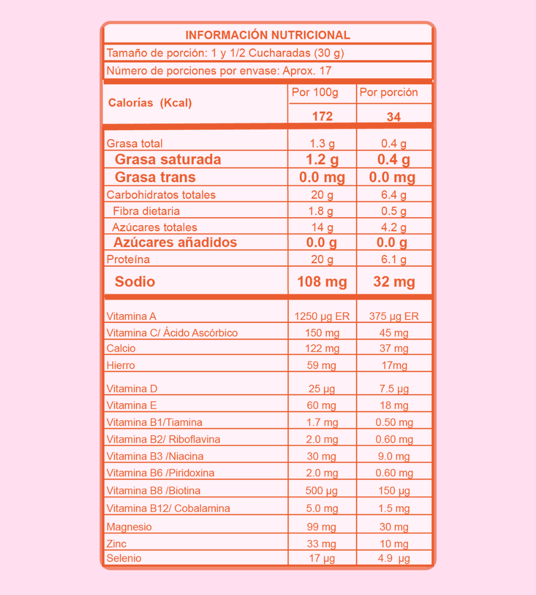 Tabla nutricional te chai mas colágeno