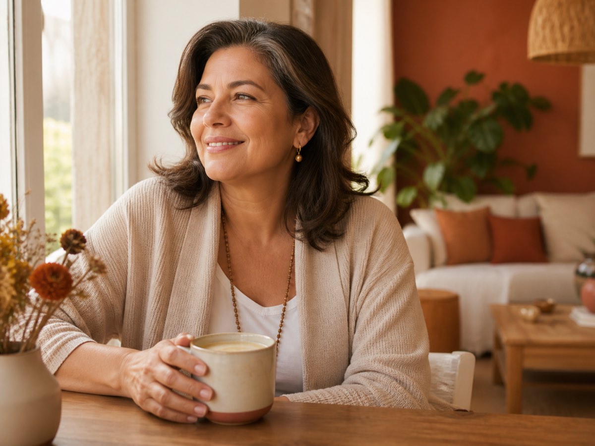 Mujer colombiana madura disfrutando una pausa tranquila con una taza de chai