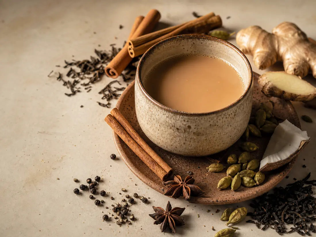 Taza de chai con canela, cardamomo, jengibre, té negro y coco