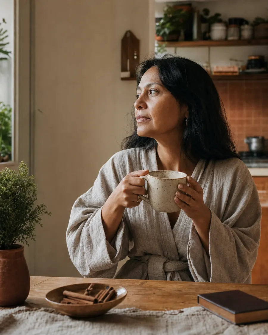 Mujer colombiana disfrutando una taza de chai durante su ritual de mañana