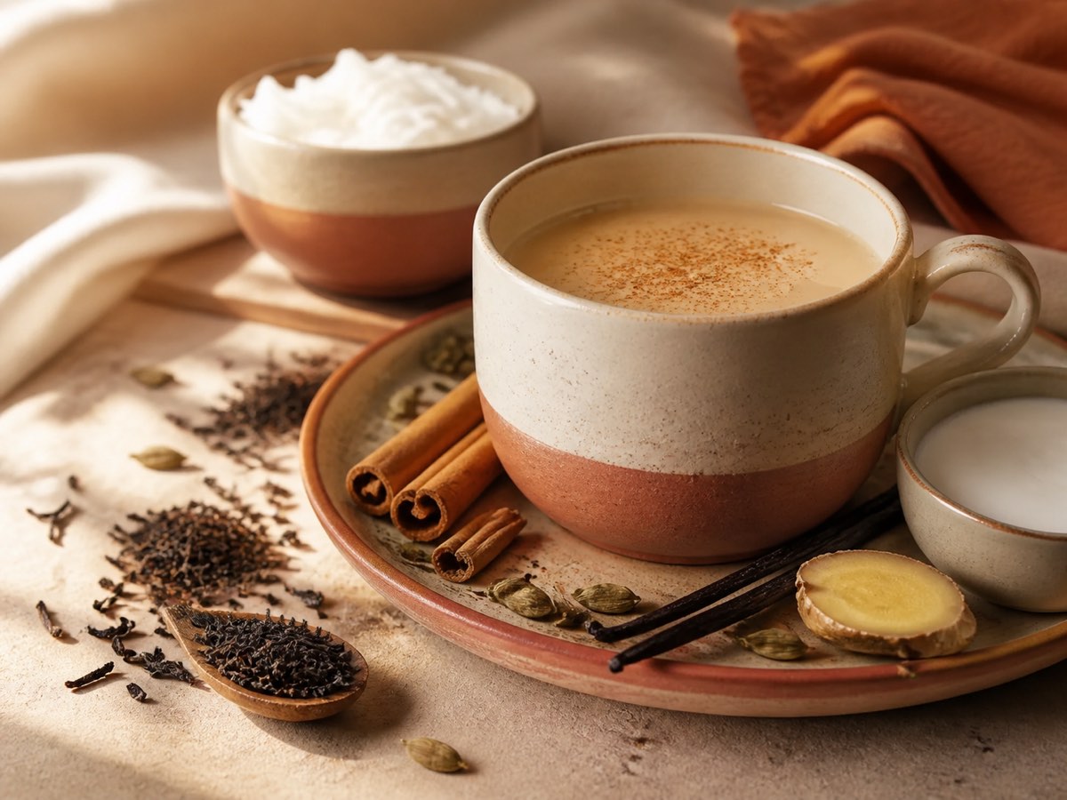 Taza de chai rodeada de té negro, canela, cardamomo, jengibre y vainilla